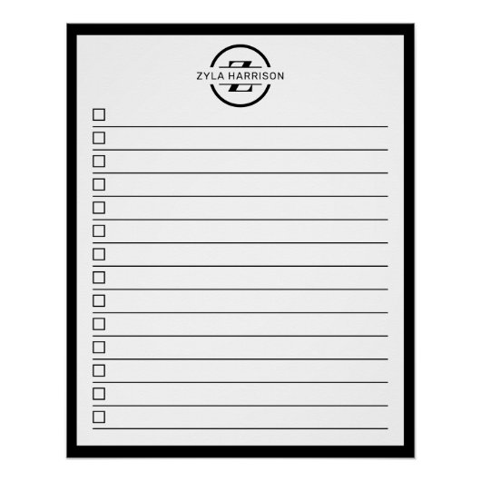 Poster Modern Black White Monogram Name To Do List (Devant)