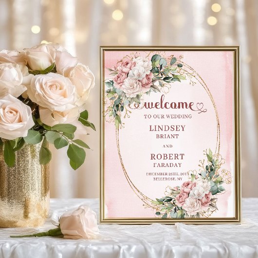 Poster Modern Dusty Pink Floral Gold Glitter Welcome Sign