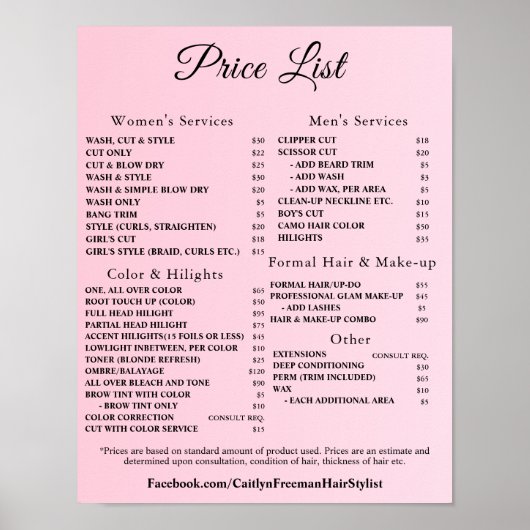 Poster Modern Elegant Beauty Salon Price List (Devant)