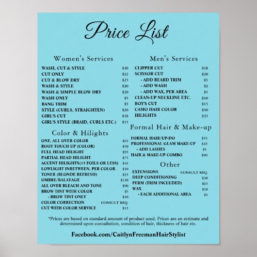 Poster Modern Elegant Beauty Salon Price List (Devant)