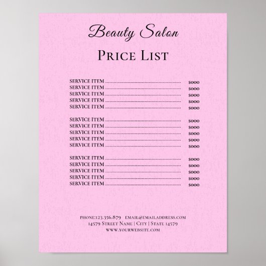 Poster Modern Elegant Beauty Salon Price List (Devant)