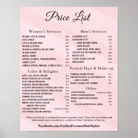 Poster Modern Elegant Beauty Salon Price List (Devant)
