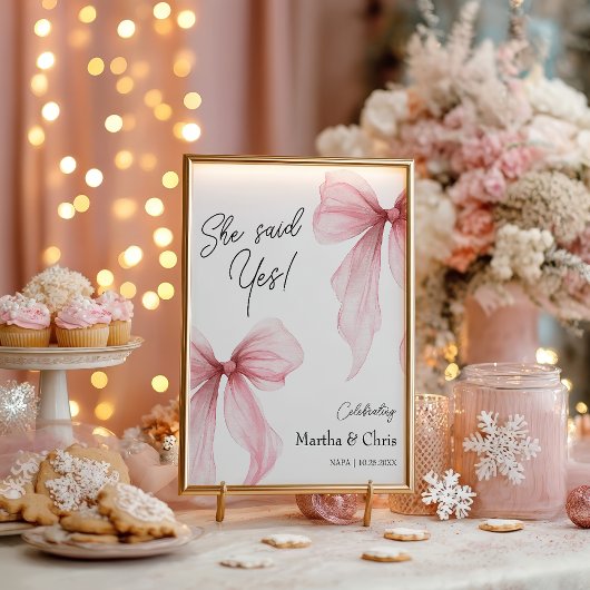 Poster Modern Engagement She Said Yes Coquette Pink Bow