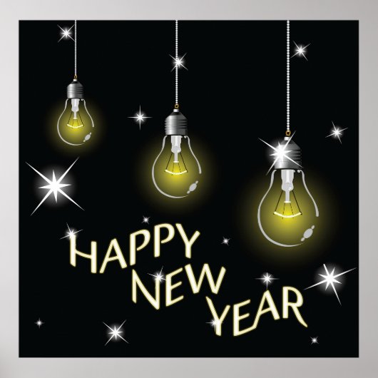 Poster Modern Glowing Light Bulbs Happy New Year (Devant)