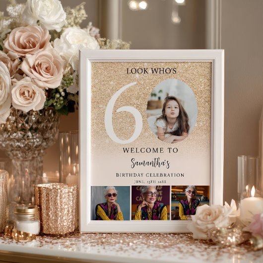 Poster Modern gold glitter 60th Birthday 4 Photo Welcome
