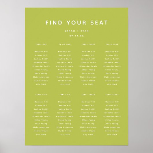 Poster Modern Lime Green Wedding 8-Table Seating Chart (Devant)
