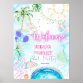Poster Modern Neon Glow Watercolor Pool Party Welcome (Devant)