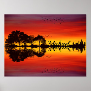 Poster Modern Orange Sunset Guitarist Name Watercolor