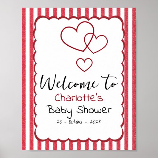 Poster Modern Red Chalk Stripes Triple Hearts Baby Shower (Devant)