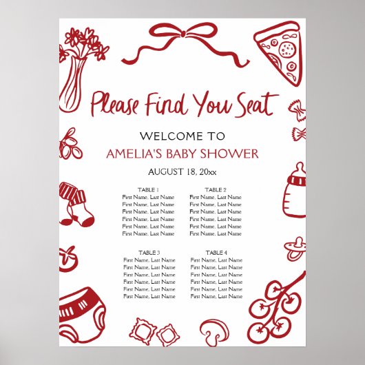 Poster Modern Red Hand Drawn Italian Pizza Seating Chart (Devant)
