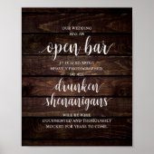 Poster Modern Rustic Wedding Open Bar Drunken Shenanigans (Devant)
