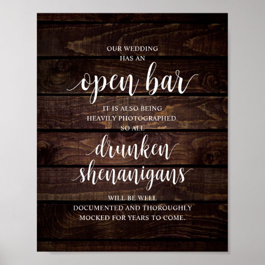 Poster Modern Rustic Wedding Open Bar Drunken Shenanigans (Devant)