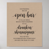 Poster Modern Rustic Wedding Open Bar Drunken Shenanigans (Devant)