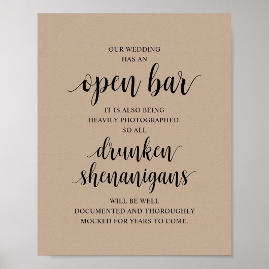 Poster Modern Rustic Wedding Open Bar Drunken Shenanigans (Devant)