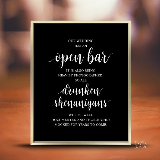 Poster Modern Rustic Wedding Open Bar Drunken Shenanigans