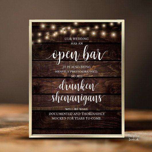 Poster Modern Rustic Wedding Open Bar Drunken Shenanigans