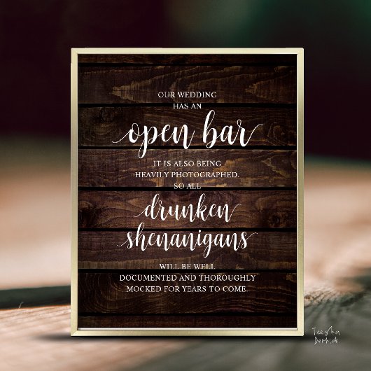 Poster Modern Rustic Wedding Open Bar Drunken Shenanigans