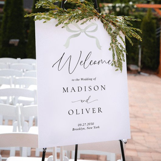 Poster Modern Sage Green Bow Monogram Wedding Welcome