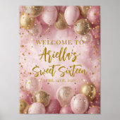 Poster Modern sweet 16 pink gold balloons welcome (Devant)