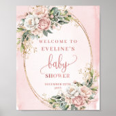 Poster Modern Welcome Blush Pink Flowers Gold Glitter (Devant)