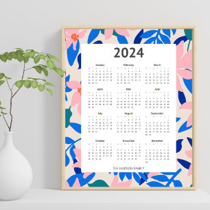 Poster Moderne 2024 Colorful Gras Modèle Floral Calendrie