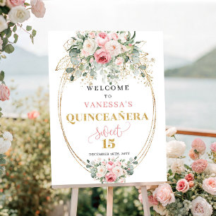 Poster Moderne bienvenue en floral rose poussiéreux or po
