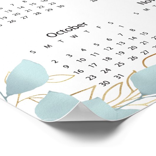 Poster moderne blanc vert feuille Calender 2022 (Coin)