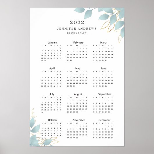 Poster moderne blanc vert feuille Calender 2022 (Devant)