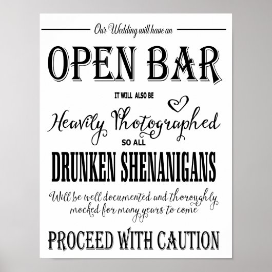Poster Moderne Calligraphie mariage Open Bar imprimé (Devant)