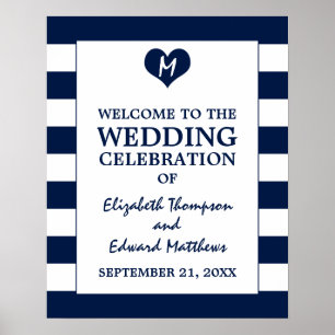 Poster Moderne Chic Marine Bleu et Blanc Mariage Accueil