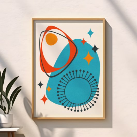 Poster Moderne du milieu du siècle, Abstrait Bleu Rouge O