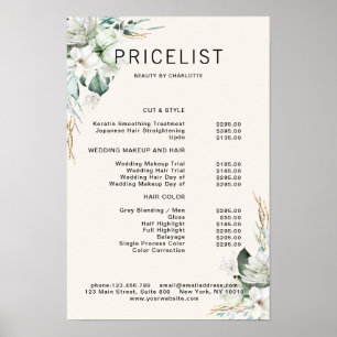 Poster Moderne, élégante fleurs blanches, liste de prix