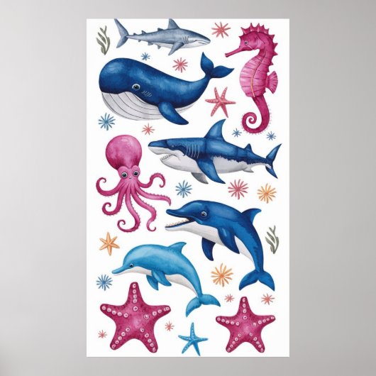 Poster Moderne et élégante aquarelle Animaux de mer 3 (Devant)