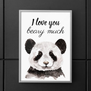 Poster Moderne Je T'Aime Beary Beaucoup Panda Noir Et Bla