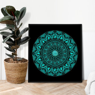 Poster Moderne Mandala Noir Turquoise Élégant