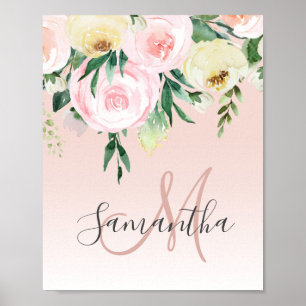 Poster Moderne Pastel Rose & Fleurs Avec Nom