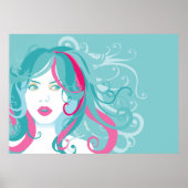 Poster Moderne Pop Art femme Turquoise et rose cheveux (Devant)