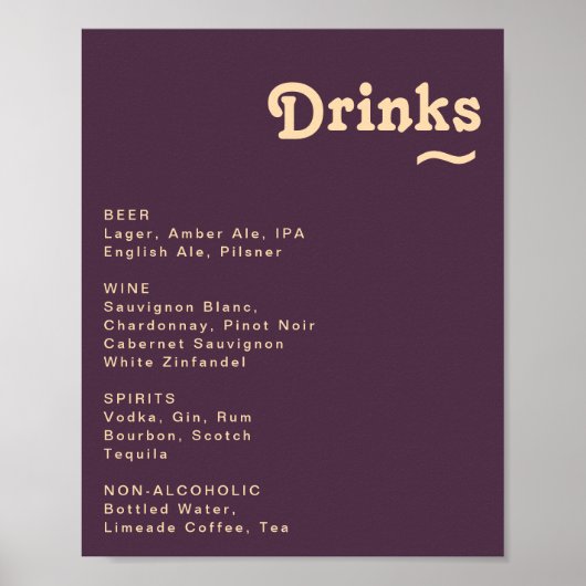Poster Moderne Retro Mariage foncé pourpre Boissons Menu (Devant)