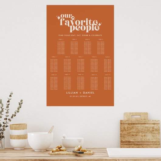 Poster Moderne Retro Orange Mariage 14 Table Seating Char (Cuisine)