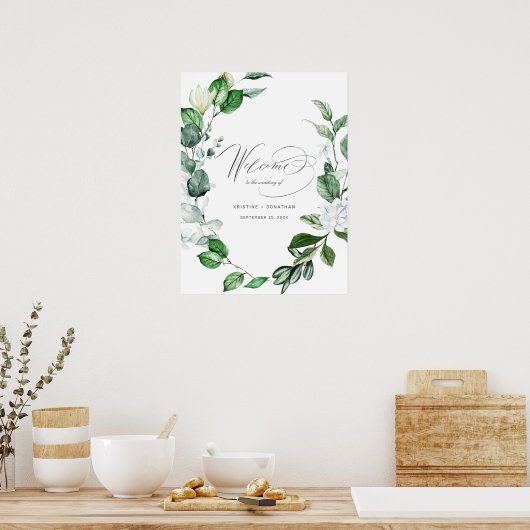 Poster Moderne Sage Verdure Wreath Floral Mariage Bienven (Cuisine)