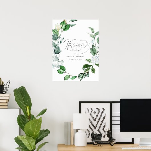 Poster Moderne Sage Verdure Wreath Floral Mariage Bienven (Bureau à domicile)
