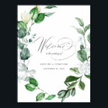 Poster Moderne Sage Verdure Wreath Floral Mariage Bienven<br><div class="desc">Cette élégante enseigne mariage botanique fleurie d'accueil est ornée d'une couronne d'aquarelle peinte à la main avec des fleurs de magnolia blanches et du mot "Bienvenue" dans l'écriture moderne,  et des prénoms de mariée et mariée et date à personnaliser. Conçu par Susan Coffey.</div>