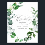 Poster Moderne Sage Verdure Wreath Floral Mariage Bienven<br><div class="desc">Cette élégante enseigne mariage botanique fleurie d'accueil est ornée d'une couronne d'aquarelle peinte à la main avec des fleurs de magnolia blanches et du mot "Bienvenue" dans l'écriture moderne,  et des prénoms de mariée et mariée et date à personnaliser. Conçu par Susan Coffey.</div>