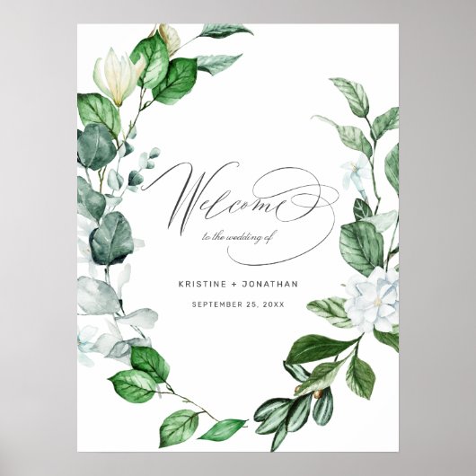 Poster Moderne Sage Verdure Wreath Floral Mariage Bienven (Devant)