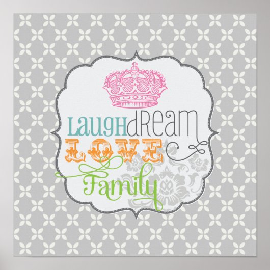 Poster Moderne Shabby Chic Laugh Dream Love & Family Grey (Devant)
