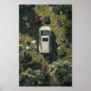 Poster moderne White Nissan Voiture Overhead View