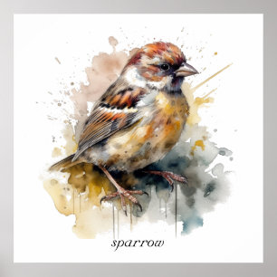 Poster Moineau à l'aquarelle rustique, personnalisé