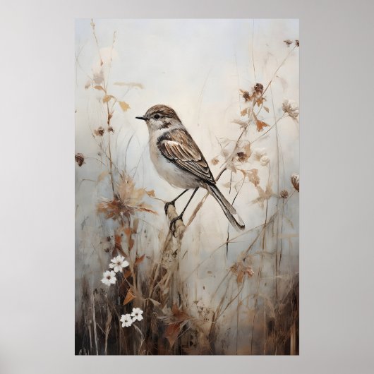 Poster Moineau dans un champ impression, Mur rustique Cot (Devant)