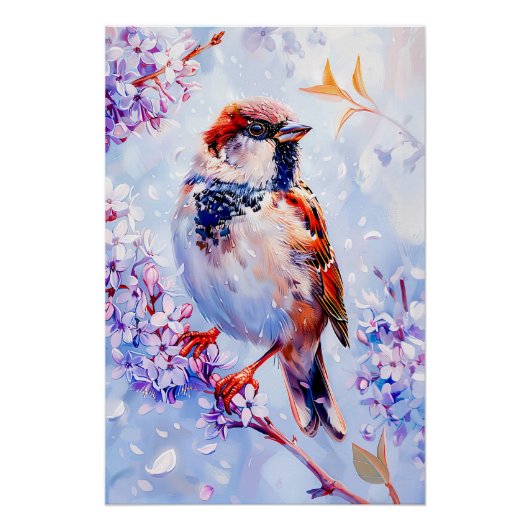 Poster Moineau domestique sur une branche Art Impressionn (Devant)