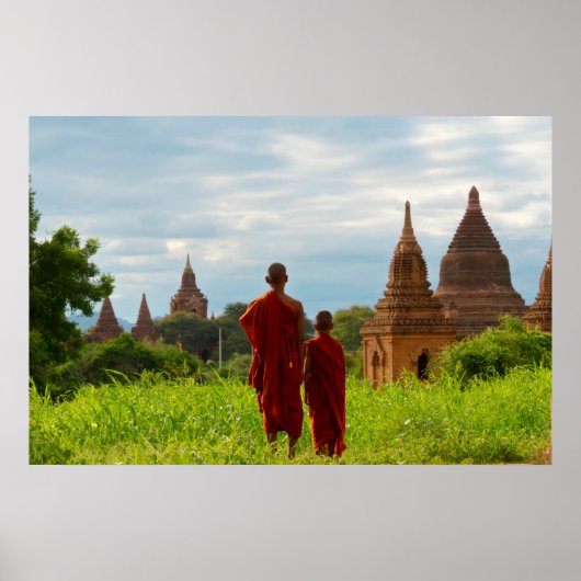 Poster Moines avec des temples anciens (Devant)